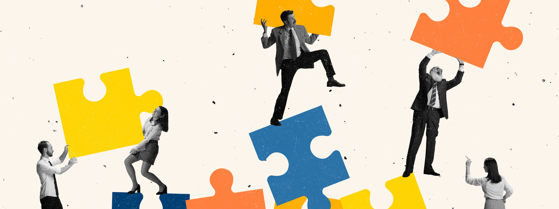 Collage von Menschen in schwarz-weiß, die bunte, übergroße Puzzleteile zusammensetzen