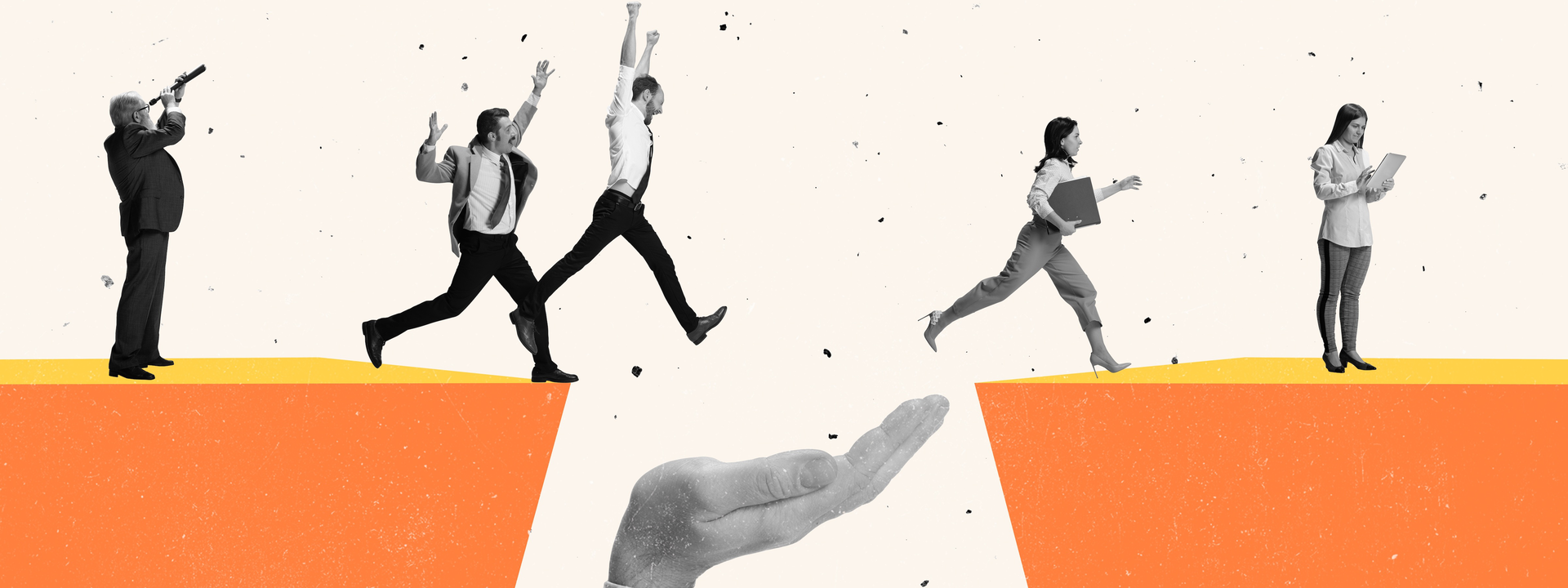 Collage von Menschen in schwarz-weiß, denen eine übergroße Hand hilft einen Abgrund zu überqueren