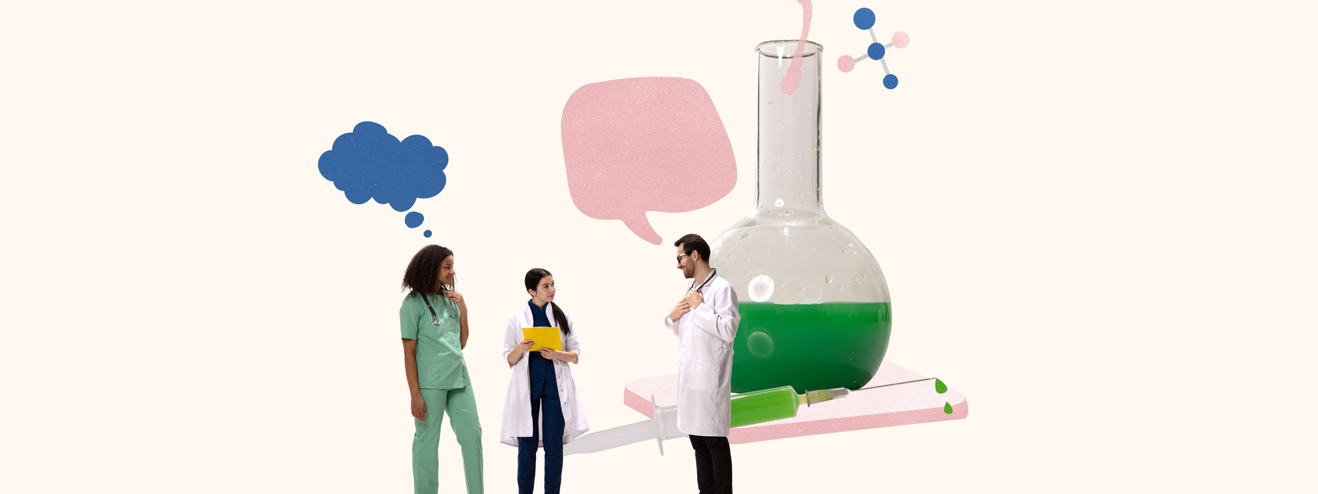 Collage von Menschen in Kitteln, die sich vor übergroßem Reagenzglas mit grüner Flüssigkeit beraten