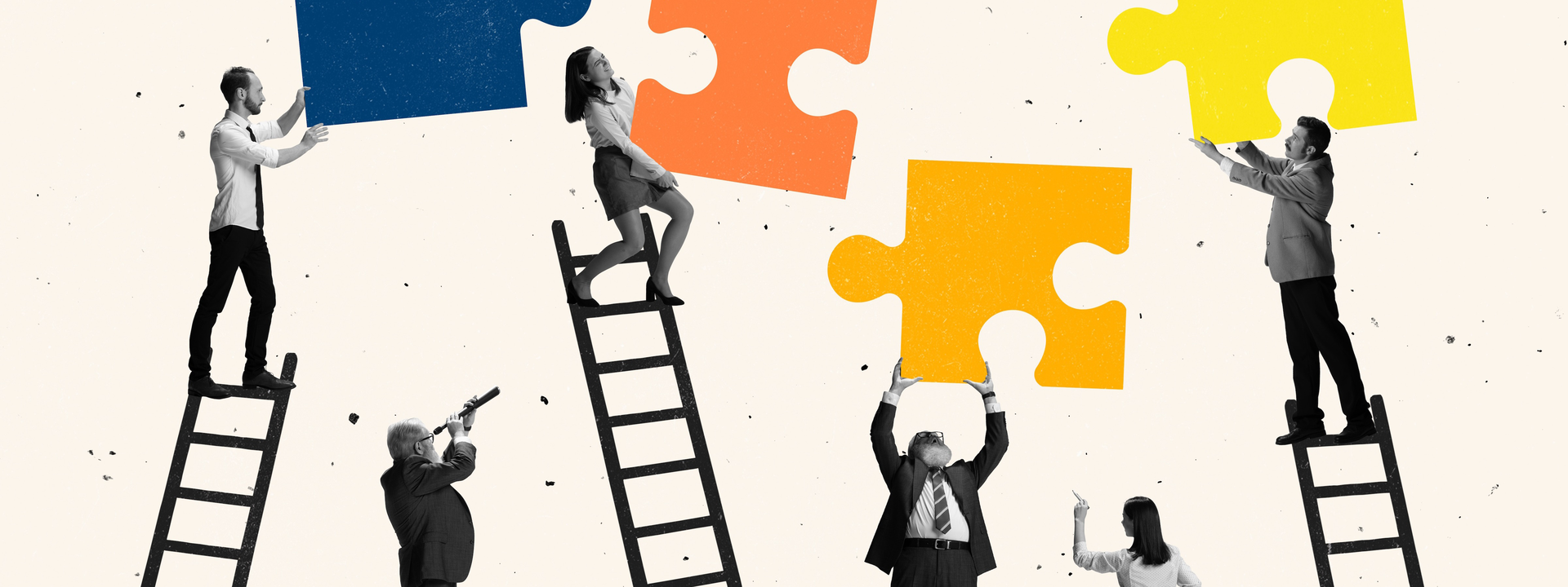 Collage von Menschen in schwarz-weiß, die auf Leitern stehend bunte, übergroße Puzzleteile zusammensetzen