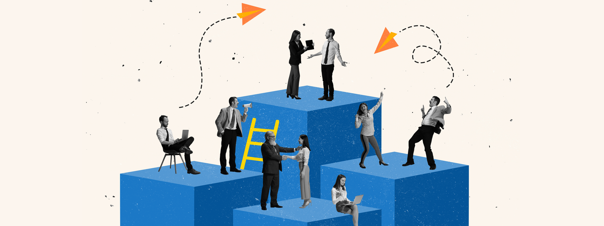 Collage von Menschen in Kitteln, die sich vor übergroßem Reagenzglas mit grüner Flüssigkeit beraten